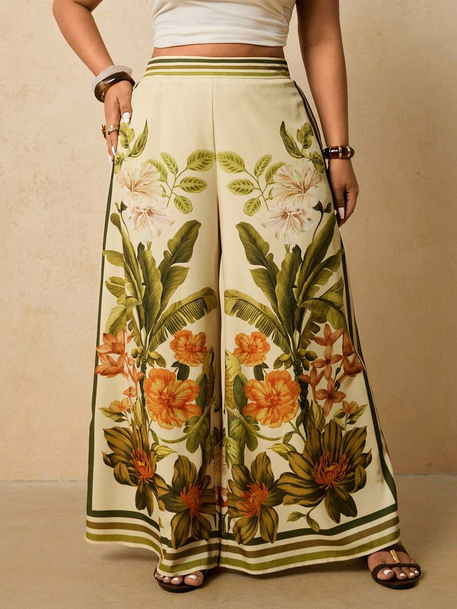 Travachic 大码印花阔腿休闲度假裤 度假穿搭 女士夏季穿搭 女士春季穿搭 女士教师穿搭 海滩度假穿搭 热带度假女装 - 彩色 - 查看 1