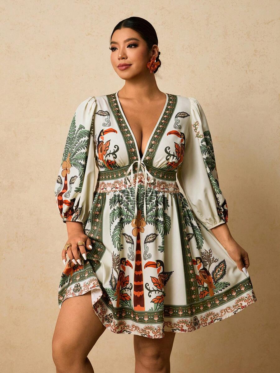 Travachic Đầm ngắn tay dài cổ chữ V thắt nơ phía trước, họa tiết nhiệt đới, cỡ lớn, thích hợp cho mùa xuân. - màu xanh lá - Xem 1