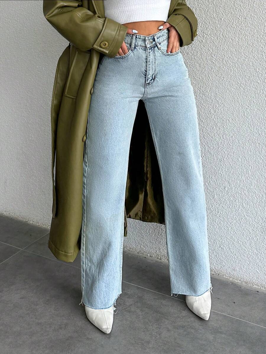 SHEIN 100%Cotton High Waist Straight Leg Jeans - Blue - View 1