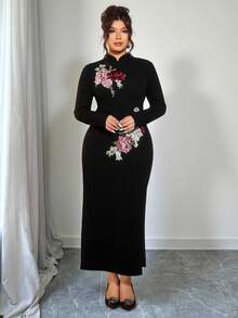 Elenzga Plus Size Women's Black Mandarin Collar Fitted Cheongsam Dress, Elegant Embroidered High-End Qipao For Autumn