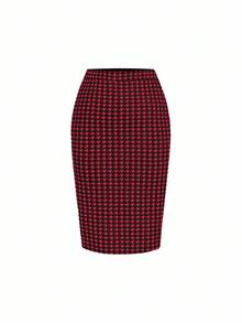 Ellevyn Plus Size Elegant Commuter Houndstooth Blazer & Skirt Suit - Red - View 4
