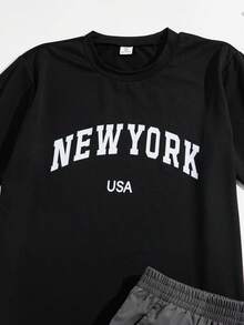 Mirajuku Bộ 2 món dành cho bé trai tuổi teen, gồm áo thun cổ tròn in chữ và quần short kaki, thích hợp mặc đi làm hàng ngày và chơi thể thao. - màu đen - Xem 8