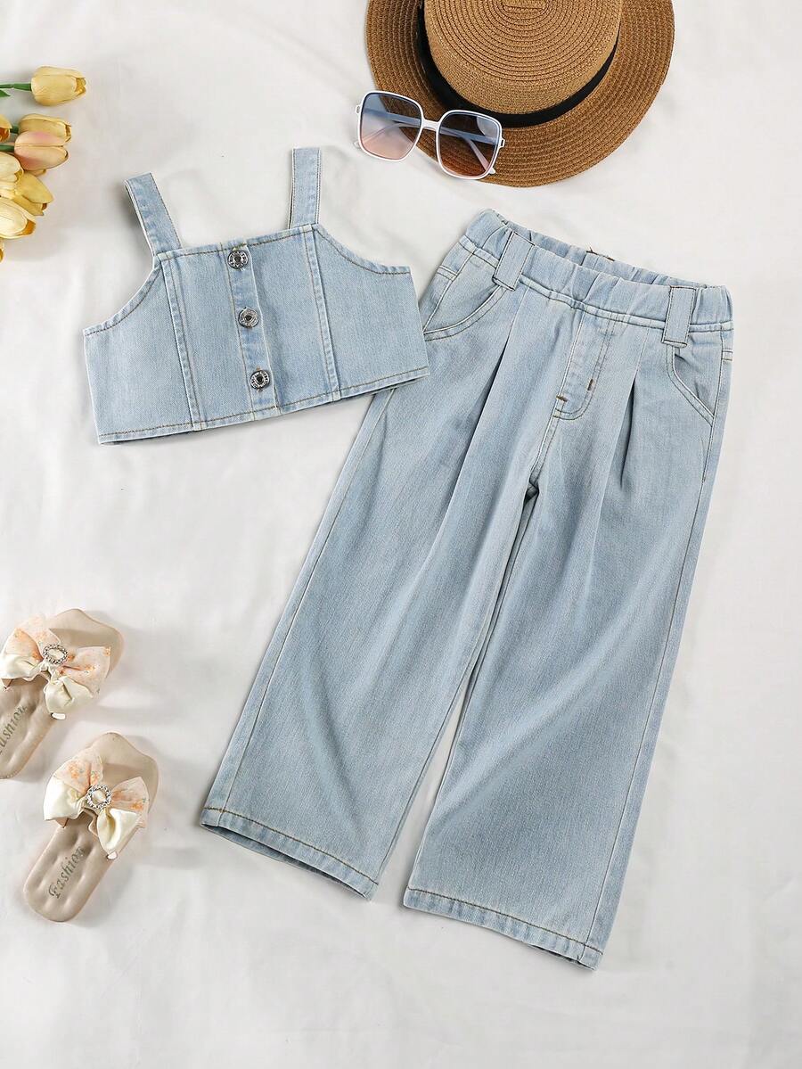 2pcs/Set Girls Simple Versatile Style Camisole Top And Long Denim Jeans Set, Suitable For School, Campus, Outdoor - Blue - View 1
