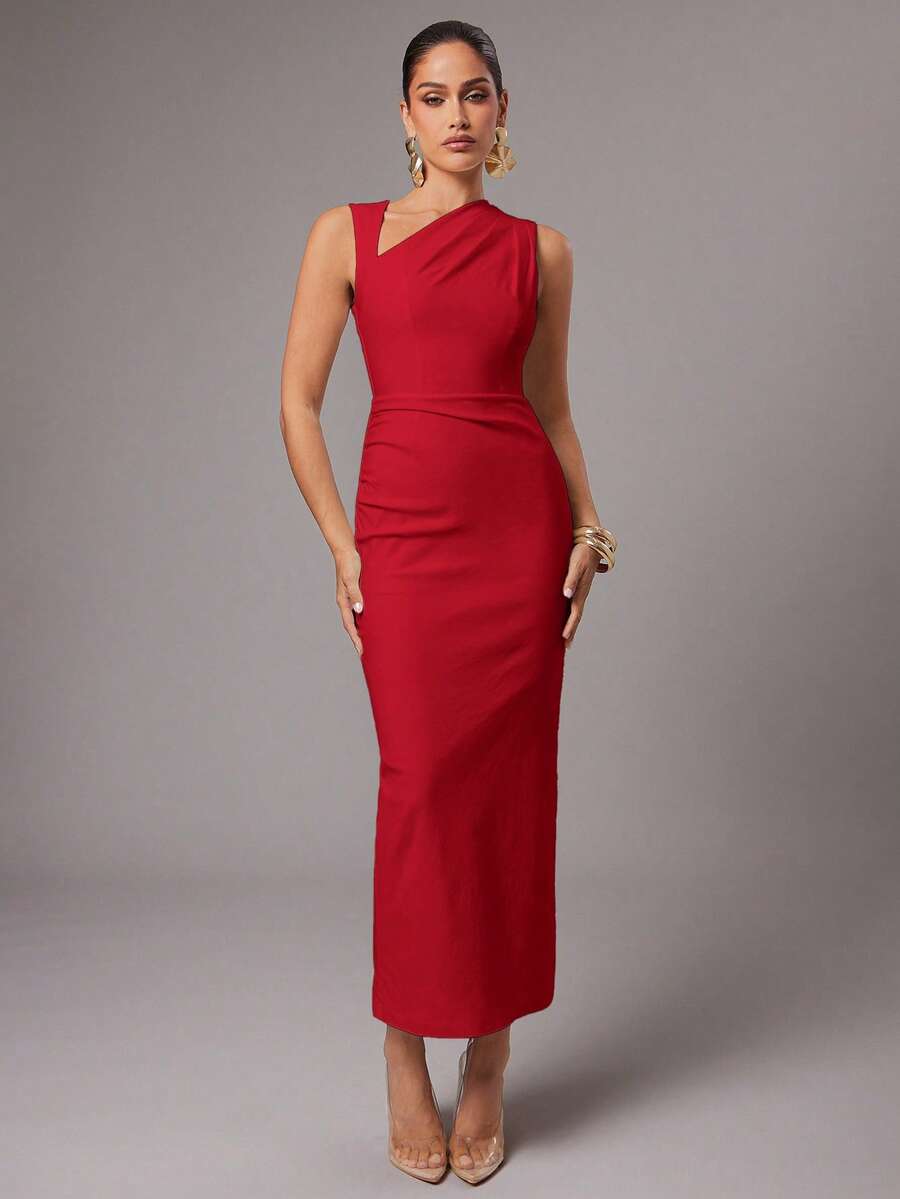 Silquee Women's Elegant Solid Color Sleeveless Dress, Suitable For Party - Red - View 1