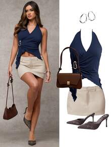 SHEIN BAE 这款女士不对称下摆金属扣装饰性感背心，适合日常外出、通勤休闲、下午茶聚会、夏季上衣、乡村音乐会等场合。 - 藏蓝色 - 查看 7