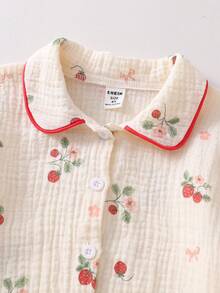 Young Girls Seersucker Strawberry Print Collar Long Sleeve Pajama Set - Beige - View 5