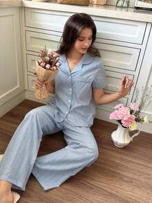 Snug Reverie 2pcs Women 100% Cotton Jacquard Romantic Fresh Blue Short Sleeve Pajama Set Light Blue Pajama Set Light Blue Pj Set - Baby Blue - View 7