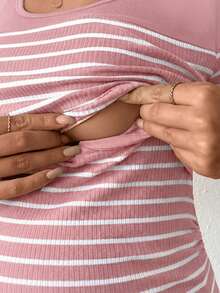 SHEIN Nursing Friendly Striped Print Fitted Short Sleeve Top - Pink - View 4