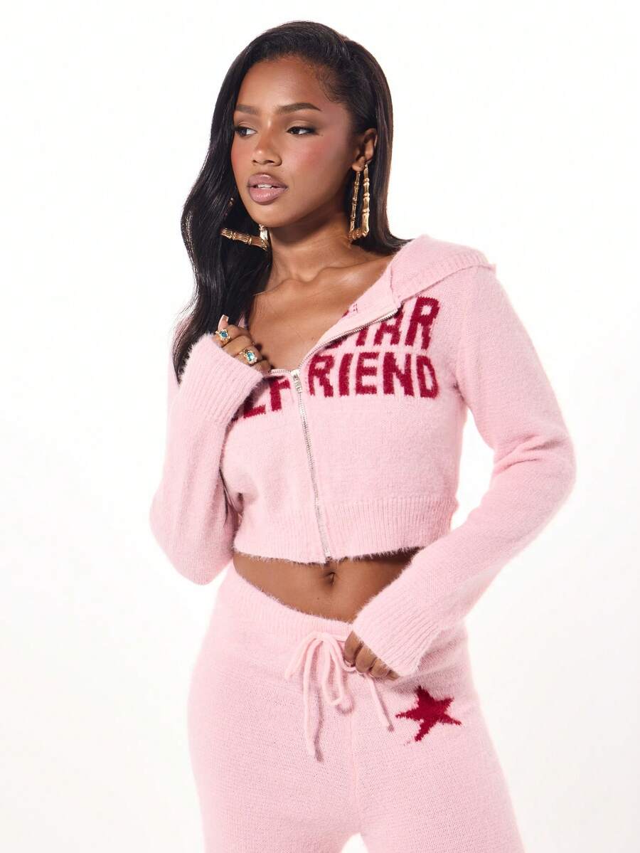 SUMWON Plus Size Zip Front Hooded Cardigan With Star Friend Text Graphic Print Cozy Knit Fuzzy Soft Winter Sweater - Pink - View 1