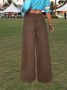 SHEIN PETITE 女士休闲日常纯色斜插口袋牛仔裤，夏季 - 棕色 - 查看 2