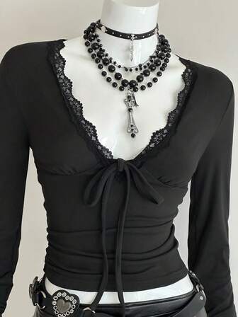 Jeanoix 女士性感蕾丝边系带修身休闲T恤