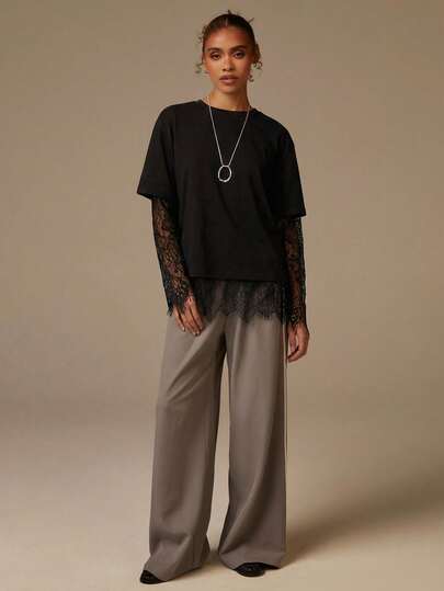 Athîral Blusa casual de manga larga con encaje de contraste para mujer