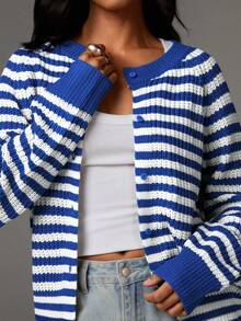 Athîral Women's Casual Commuter Striped Lightweight Cardigan Striped Cardigan Women Cardigan Summer Cardigan Teal Cardigan White Cardigan In Fall/Winter - Blue - View 5