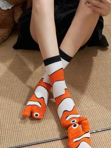Joivida 1双趣味可爱分趾女袜，卡通人字拖图案新奇船袜，可爱闺蜜同款礼物套装，柔软棉质动漫袜，日式趣味女袜，独特图案休闲袜 - 彩色 - 查看 4