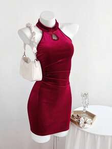 Elamini 酒红色丝绒露背旗袍连衣裙，性感收腰修身连衣裙，秋冬款 - 酒紅色 - 查看 4