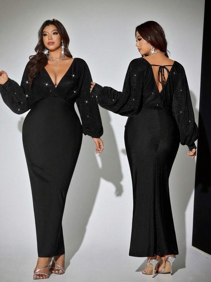 Viva Relle Plus Size Women's Elegant & Fashionable High-End Design Batwing Sleeve Party Dress, Fitted Style, Suitable For New Year Party, Gala, Christmas & New Year, Nightclub Party, Flattering & Shiny Dress For Women's Outings, Date Night, Party & Gathering, Design - Grey - View 1