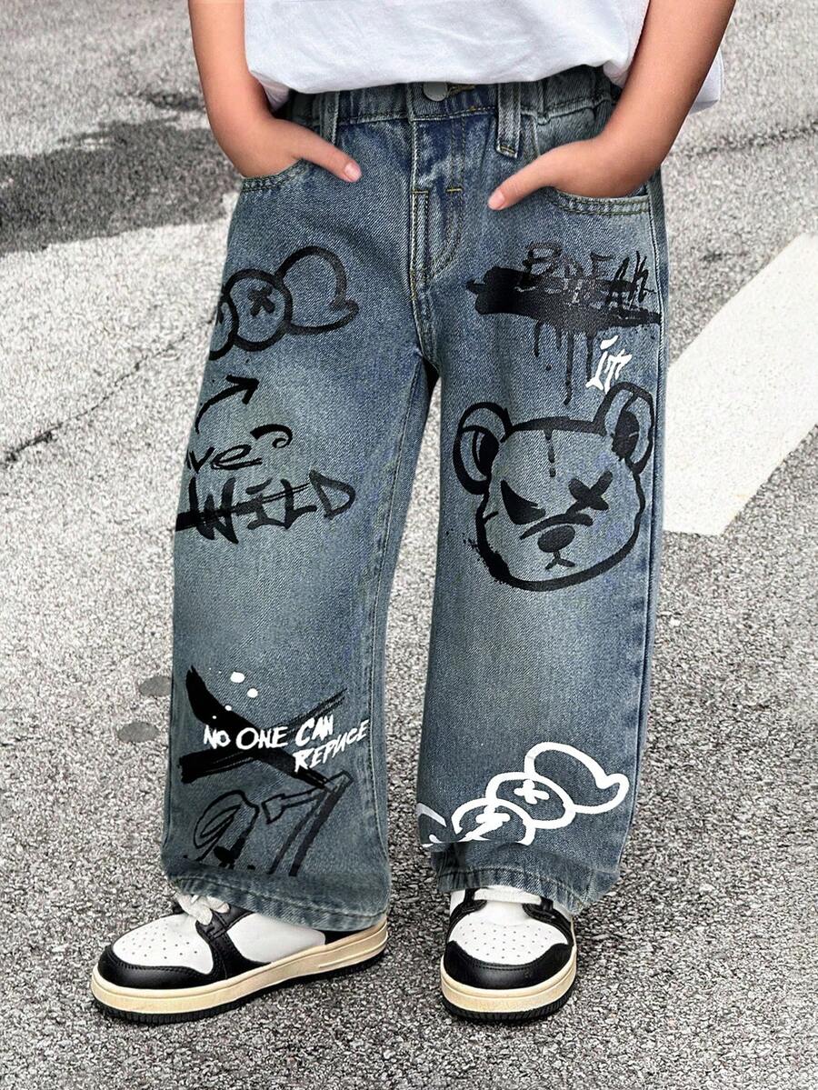 SHEIN Young BoyBear Graffiti Pattern Blue Loose Fit Jeans - Light Wash - View 1