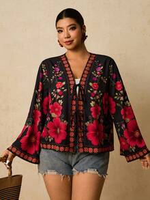 Travachic Áo kiểu nữ cỡ lớn in họa tiết retro, thắt nơ phía trước, phong cách thường ngày, kiểu boho, áo nữ mùa hè, áo lụa, áo nữ mùa hè, quần áo Anthropologie, quần áo ấm áp mùa thu và mùa đông cho nữ, áo hồng thanh lịch. - Nhiều màu - Xem 5