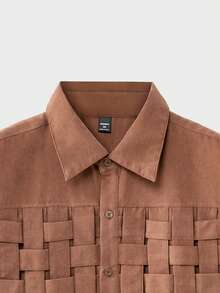 EASEVO Men Plus Size Casual Elegant Shirt, Shades Of Brown Autumn Textured Woven Long Sleeve Loose Shirt, Stylish Solid Color Earthy - Khaki - View 6