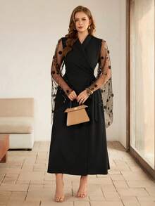 Roveilla Đầm maxi nữ cỡ lớn thanh lịch, thoải mái, thích hợp đi làm, thêu họa tiết lưới, phối nhiều lớp. - màu đen - Xem 5