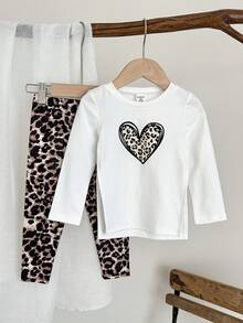 Baby Girl Sporty Casual Knit Heart & Leopard Print Long Sleeve Top With Geometric Pattern Leggings Set, Suitable For Spring/Summer - White - View 2