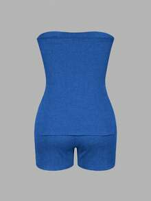 INAWLY 2pcs Women's Summer Solid Color Side Slit Bandeau Top And Shorts Set - Royal Blue - View 2