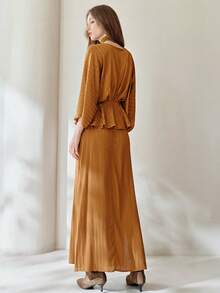 Aveloria Modichic 2pcs Set: Satin Striped Gathered Waist Top & Ruched A-Line Skirt - Mustard Yellow - View 3