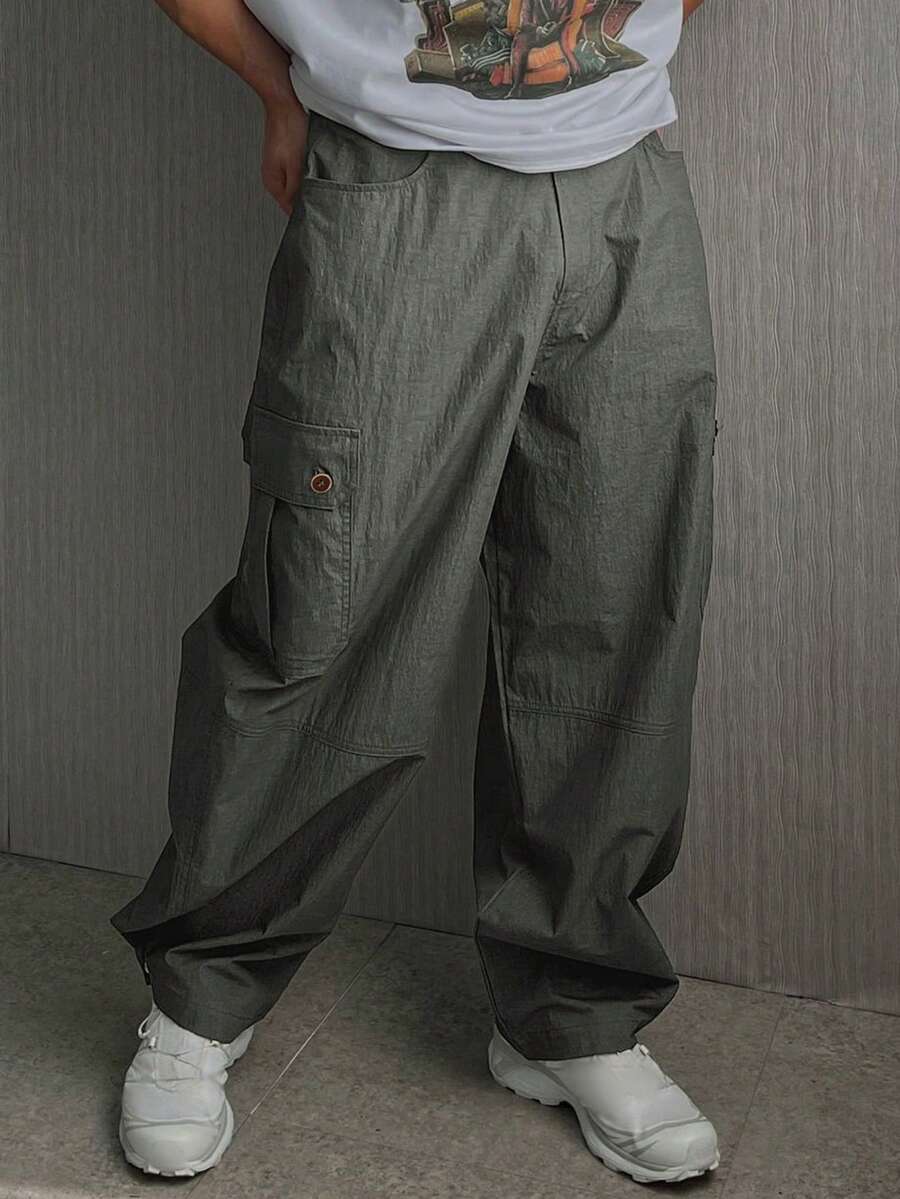 DAZY Quần cargo nam màu trơn với dây rút ở mắt cá chân, thích hợp cho mùa xuân và mùa thu. - Màu xám đen - Xem 1