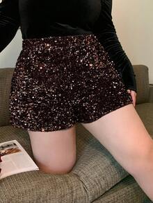 Dazy Plus Quần short ống đứng cạp chun cỡ lớn đính sequin, thích hợp cho mọi mùa, dịp năm mới và lễ hội Carnival dành cho nữ. - Cà phê nâu - Xem 1