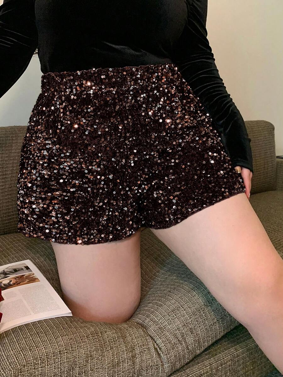 Dazy Plus Quần short ống đứng cạp chun cỡ lớn đính sequin, thích hợp cho mọi mùa, dịp năm mới và lễ hội Carnival dành cho nữ. - Cà phê nâu - Xem 1