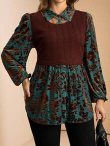 SHEIN LUNE Plus Size Women Floral Patchwork Lantern Sleeve Casual Blouse Top - Multicolor - View 7