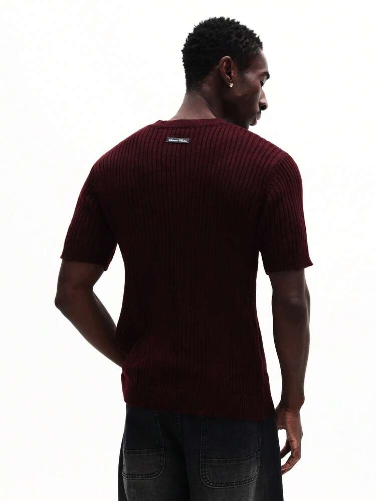 Ribbed Knit Short Sleeve Crew Neck Tee