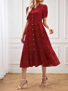 Miaspire Women Spring Valentine's Day Polka Dot Printed Short Puff Sleeve Dress Vacation Outfit For Women Spring Sunmmer - Burgundy - View 6