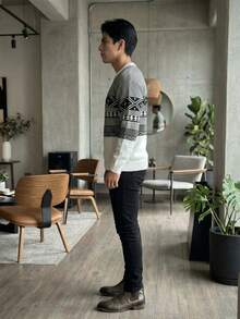 Hombre suéter estilo casual diseño jacquard tejido suave ajuste regular cuello redondo manga larga otoño invierno uso diario suéter - Gris blanco - Ver 2