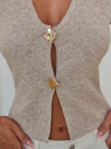 Aloruh Women's Spring/Summer New Minimalist Fashion Commuter Deep V-Neck Short Sleeve Thin Double-Button Waist-Cinched Fitted Casual Cardigan