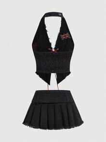 ROMWE Avant Women's Halter Neck Fitted Denim Top Paired With Low Waist Pleated Denim Skirt, 2 Pieces Denim Suit - Black - View 2