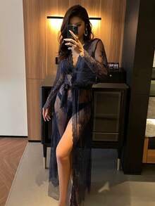 DAZY Lace Semi-Sheer Romantic Flare Sleeve Robe Valentine's Day - Navy Blue - View 5