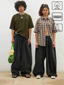 COUREZ Unisex Low Rise Oversized Barrel Balloon Jeans In Grey Wash /Summer Outfits For Women Y2K Summer Bottoms Summer Clothes Cotton Cotton Vintage - Dark Grey - View 1