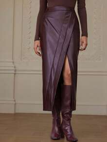 Revavyn Váy xẻ tà bằng da giả phong cách retro châu Âu và Mỹ - Màu hồng gỉ - Xem 1