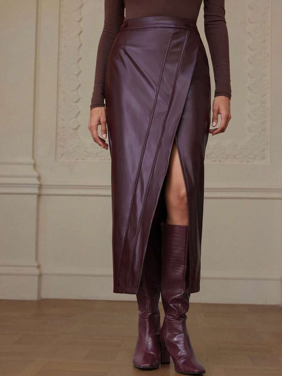 Revavyn Váy xẻ tà bằng da giả phong cách retro châu Âu và Mỹ - Màu hồng gỉ - Xem 1