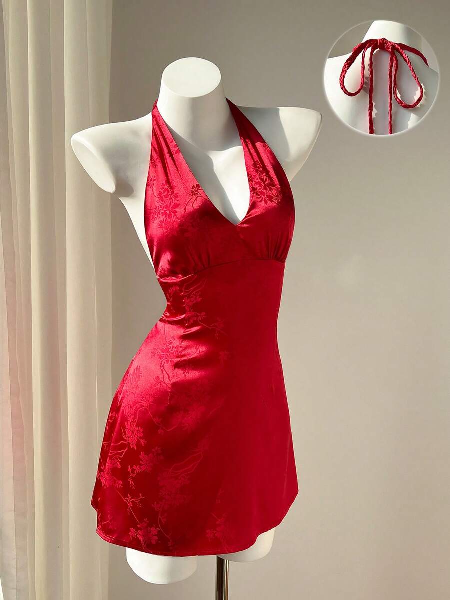 Elamini Women's Red Jacquard Deep V-Neck Halter Tie Knot Backless Slim Fit A-Line Dress, Sexy & Chic For Dates And Occasions - Red - View 1
