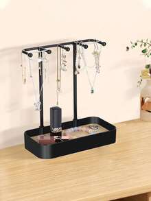 1 Soporte para exhibición de joyas con caja de cajón para aretes, collares y almacenamiento de joyas, con base de madera, caja de almacenamiento para el escritorio y estante de almacenamiento colgante multifuncional. Soporte colgante de almacenamiento de joyas adecuado para collares, pulseras, aretes, anillos y relojes, con ganchos incluidos. Disponible en una o dos capas. Necesidad de verano para organizador de almacenamiento de regalo de mujer para viajes - Multicolor - Ver 10