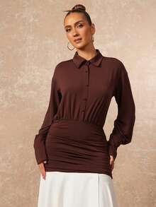 Lumalex Vestido de mujer de manga larga con cuello y bloque de color elegante - Marrón - Ver 10