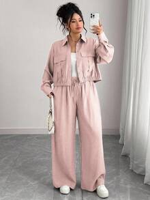 Elenzga Plus Size Women's French Romantic Sicily Elegant Casual Commute Vacation Solid Brown Shirt Collar Hidden Placket Elastic Hem Long Sleeve Shirt + Elastic Waist Cargo Pants Suit, Spring/Autumn/Winter Pant Suit Summer Sets 2 Piece Lounge Sets Woman 2 Piece Casual Sets Woman Comfortable Two Piece Set - Baby Pink - View 6