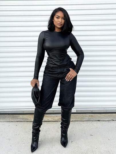 Alexandranx Spring Scoop Neck PU Leather Black Skinny Long Sleeve T-Shirt