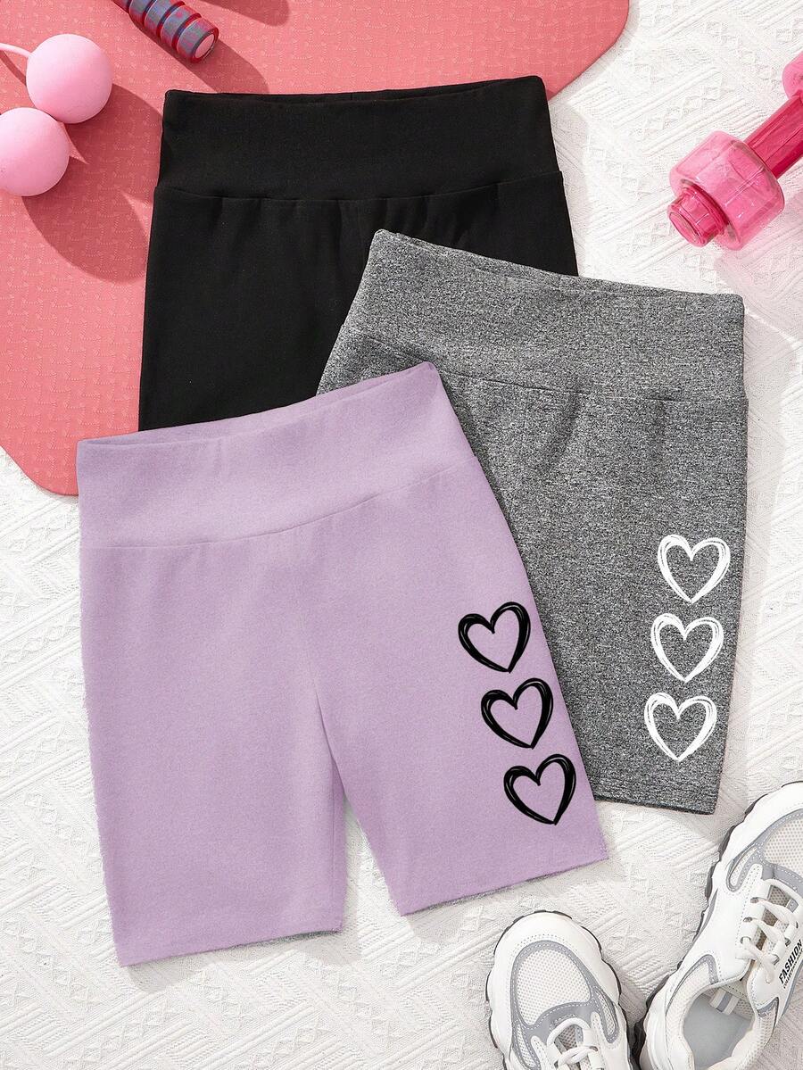 3pcs/Set Tween Girls' Casual Minimalist Heart Pattern Mid-Length Leggings, Suitable For Spring/Summer - Multicolor - View 1