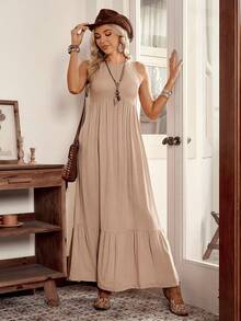 SHEIN LilyWest LanaWest 女士卡其色褶皱圆领宽松无袖系腰荷叶边下摆休闲长裙，春夏款 - 卡其色 - 查看 5