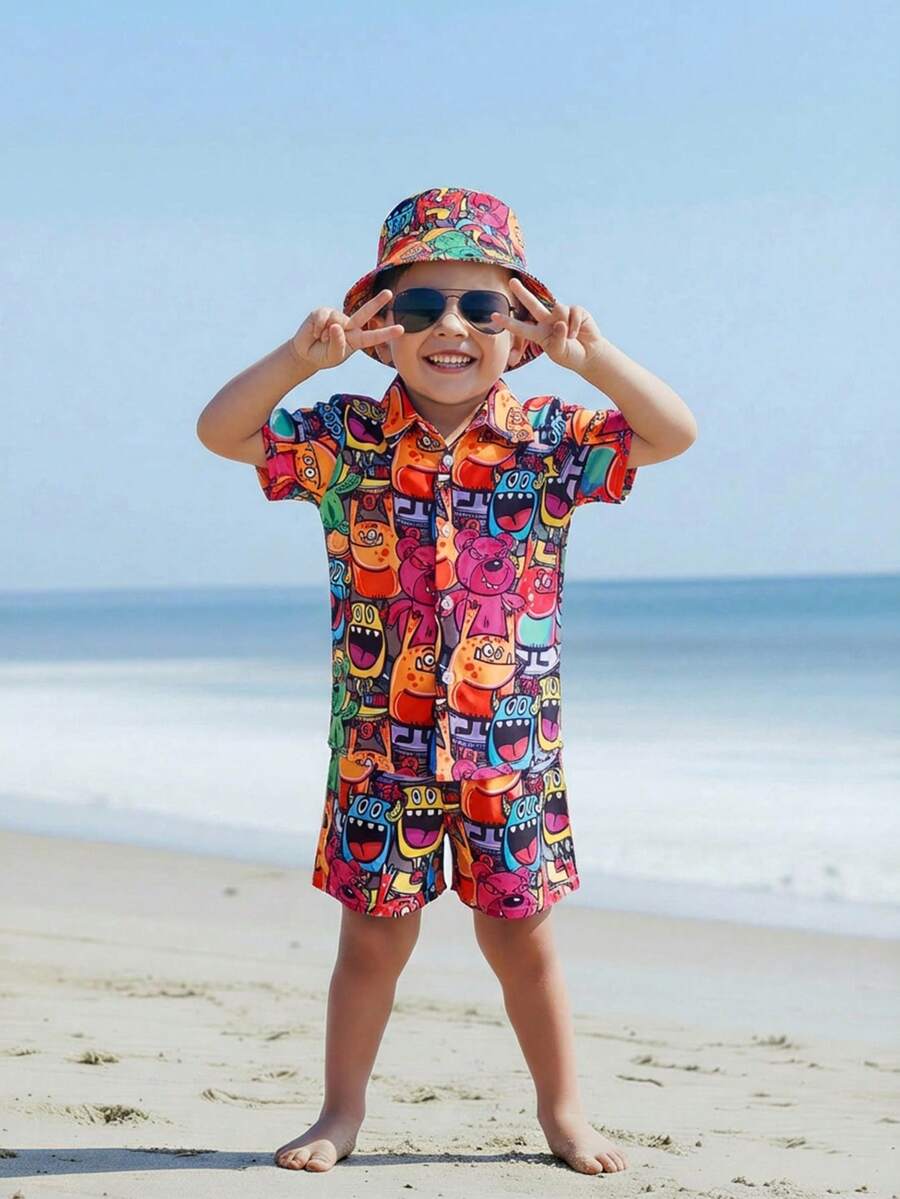 SHEIN Fantacosmos Young Boy 3pcs/Set Cartoon Print Shirt, Shorts And Hat Outfit, School, Campus, College Summer Holiday - Red - View 1