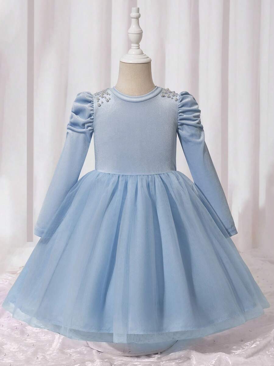 Glamorique Kids 女童红色泡泡袖珍珠装饰时尚连衣裙,薄纱设计,适合圣诞节及各种场合;浅蓝色女童连衣裙;女童泡泡袖连衣裙;少女蓝色连衣裙 - 淺色水洗藍 - 查看 1