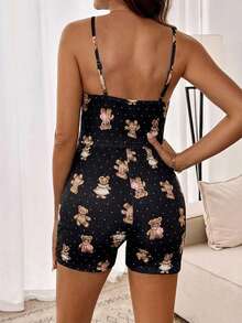 SHEIN Bộ đồ 2 món mùa hè thoải mái cho bà bầu, họa tiết gấu bông và chấm bi, viền ren, gồm áo hai dây ôm sát và quần short. - màu đen - Xem 2